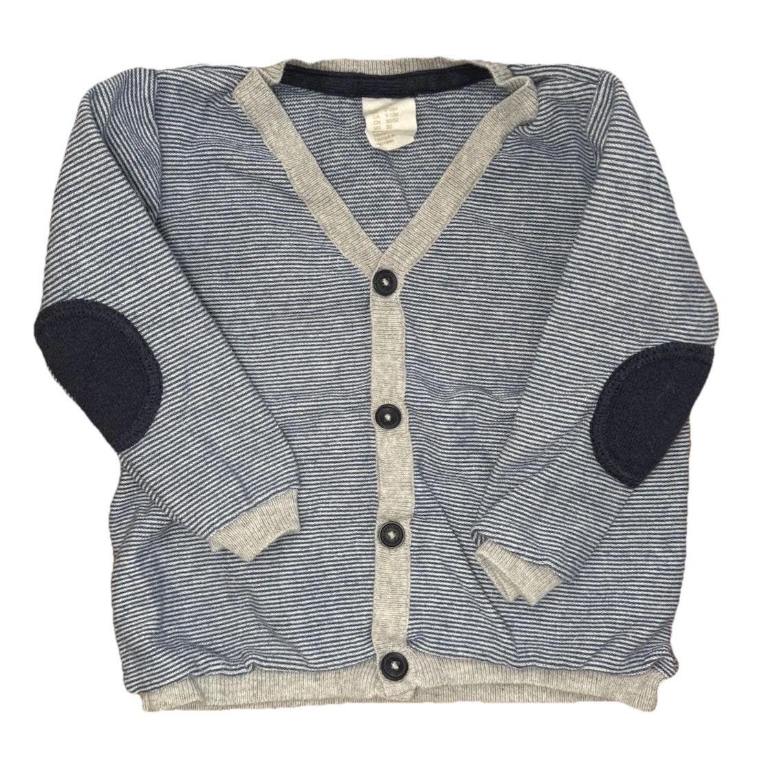 H&M Baby Boy Blue Gray Striped V-Neck Cardigan Sweater Elbow Patches 9-12m